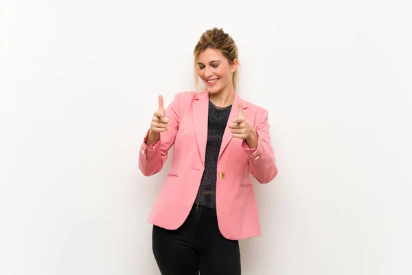 Young Blonde Woman Pink Suit Pointing Front Smiling — Stock Photo, Image