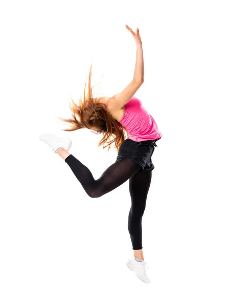 Joven bailarina sobre fondo blanco aislado saltando — Foto de Stock