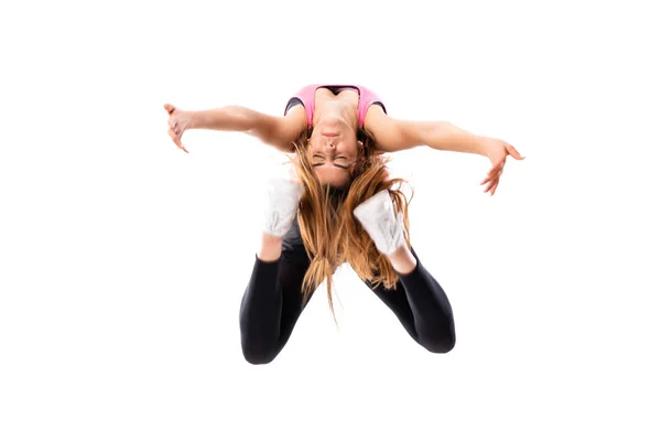 Menina dança jovem sobre isolado fundo branco saltando — Fotografia de Stock