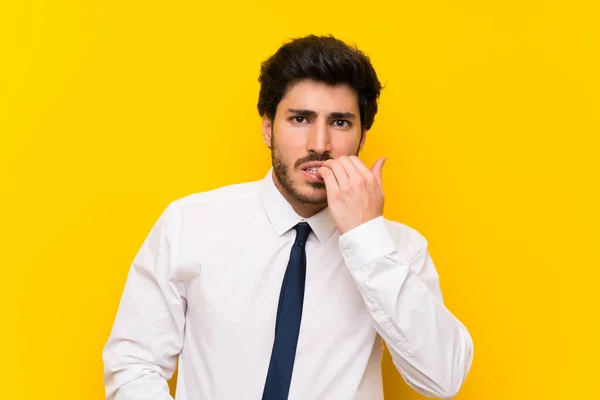 Businessman Isolated Yellow Background Nervous Scared — Stock Photo, Image