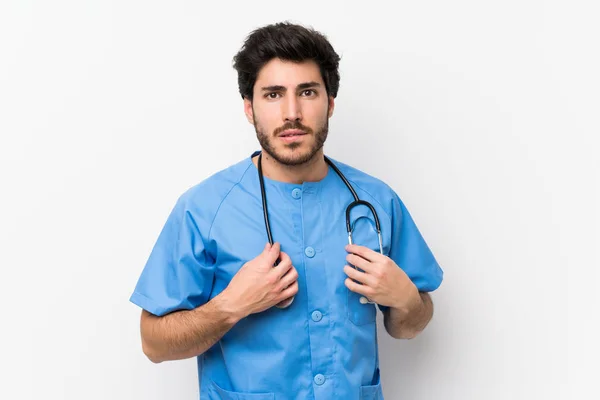 Sebész Orvos Ember Több Mint Elszigetelt Fehér Fal Amelynek Kétségei — Stock Fotó