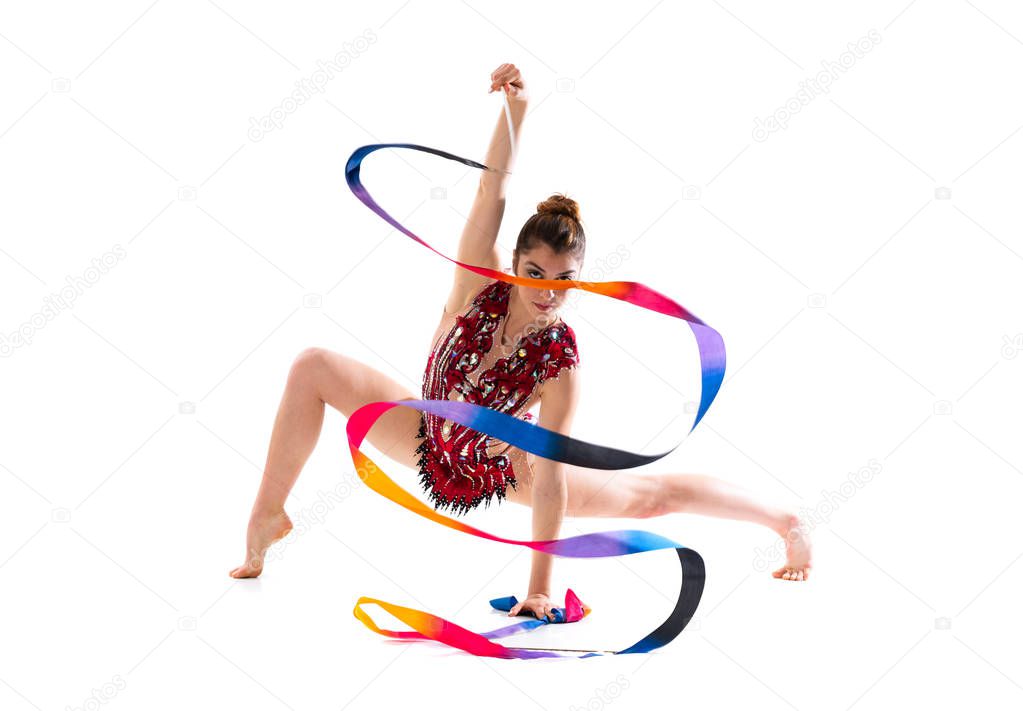 Girl doing rhythmic gymnastics with ribbon