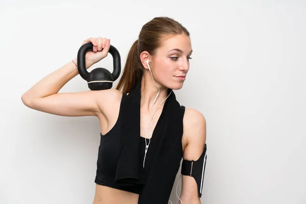 Jonge Sport Vrouw Geïsoleerde Witte Achtergrond Maken Gewichtheffen Met Kettlebell — Stockfoto