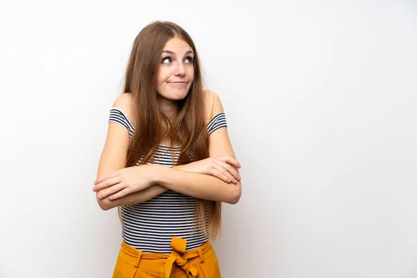 Mujer Joven Con Pelo Largo Sobre Pared Blanca Aislada Haciendo — Foto de Stock