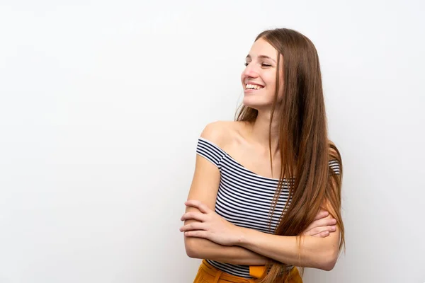 Mujer Joven Con Pelo Largo Sobre Pared Blanca Aislada Feliz — Foto de Stock