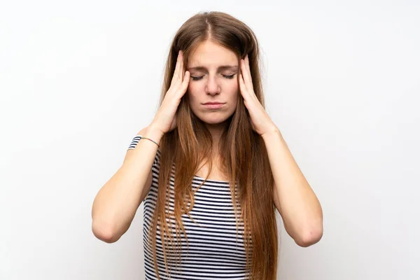 Junge Frau Mit Langen Haaren Über Isolierter Weißer Wand Mit — Stockfoto