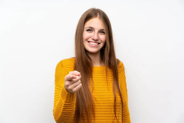 Jovem Mulher Com Amarelo Sobre Isolado Branco Parede Aponta Dedo — Fotografia de Stock