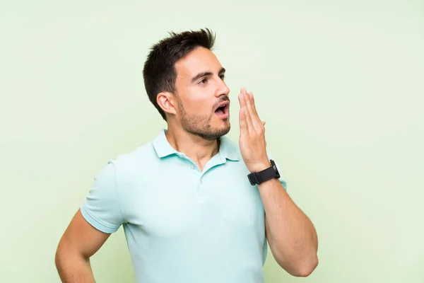 Handsome Young Man Isolated Background Yawning Covering Wide Open Mouth — Stock Photo, Image