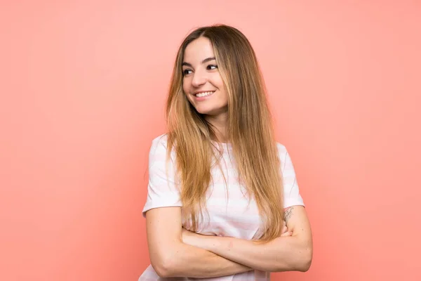 Young Woman Isolated Pink Wall Laughing — Stock Photo, Image