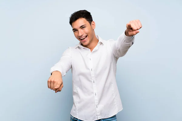 Handsome Man Blue Wall Points Finger You While Smiling — Stock Photo, Image