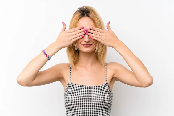 Young Blonde Woman Isolated White Covering Eyes Hands — Stock Photo, Image