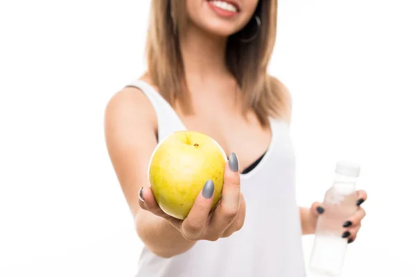 Jeune Femme Sur Fond Blanc Isolé Avec Une Pomme — Photo