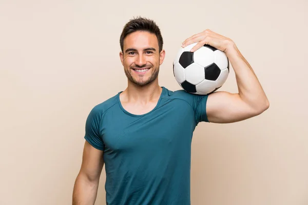 Handsome Sport Man Isolated Background Holding Soccer Ball — Stock Photo, Image