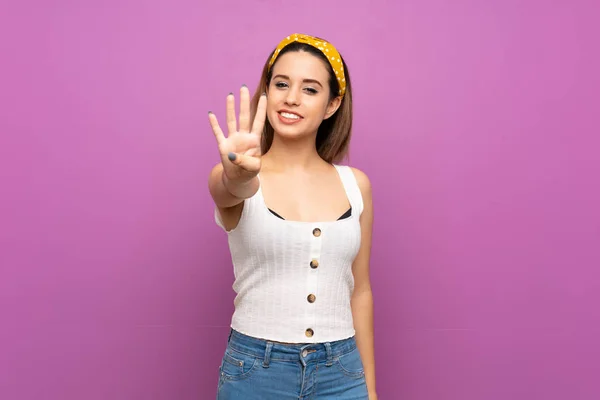 Pretty Young Woman Isolated Purple Wall Happy Counting Four Fingers — Stock Photo, Image
