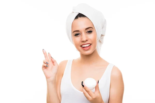 Young Woman Isolated White Background Moisturizer — Stock Photo, Image