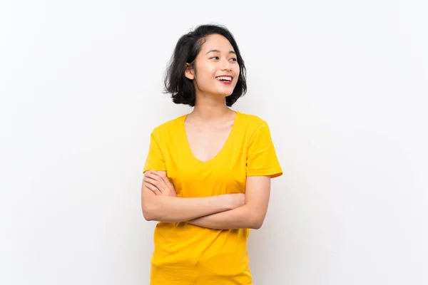 Asiática Joven Mujer Sobre Aislado Blanco Fondo Feliz Sonriente —  Fotos de Stock