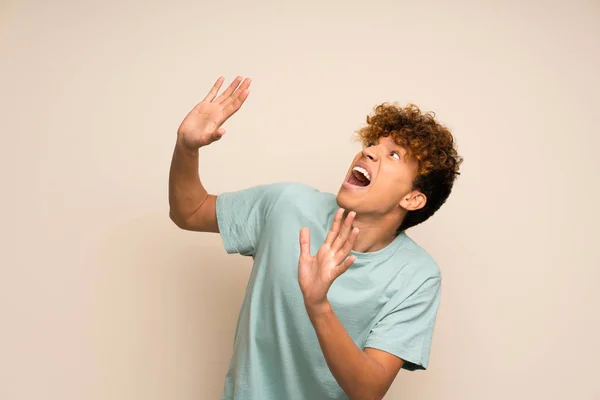 African American Man Green Shirt Nervous Scared — Stock Photo, Image