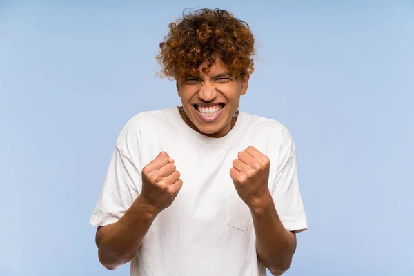 Young African American Man White Shirt Celebrating Victory — Stock Photo, Image