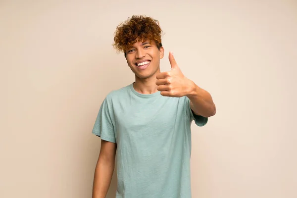 African American Man Green Shirt Thumbs Because Something Good Has — Stock Photo, Image