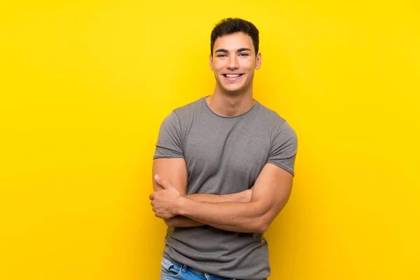 Handsome Man Isolated Yellow Wall Smiling — Stock Photo, Image