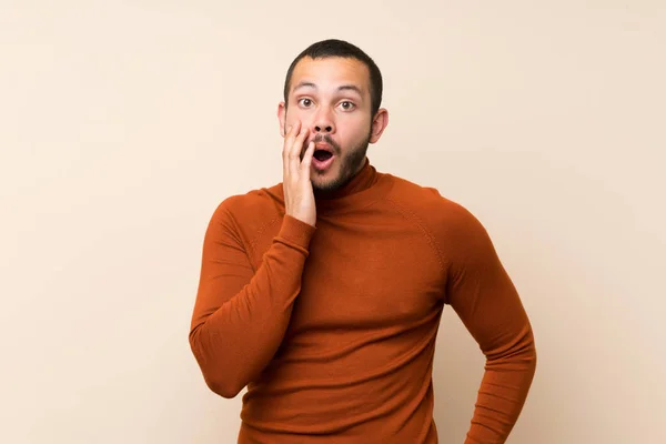 Colombian Man Turtleneck Sweater Surprised Shocked While Looking Right — Stock Photo, Image