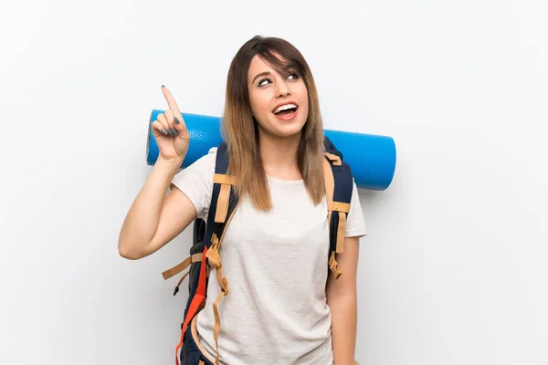 Mujer Viajera Joven Sobre Fondo Blanco Con Intención Realizar Solución —  Fotos de Stock