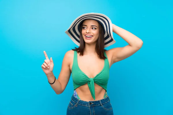 Young Woman Swimsuit Summer Holidays Surprised Pointing Finger Side — 스톡 사진