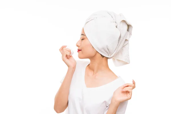 Asian Young Woman Isolated Background Moisturizer — Stock Photo, Image