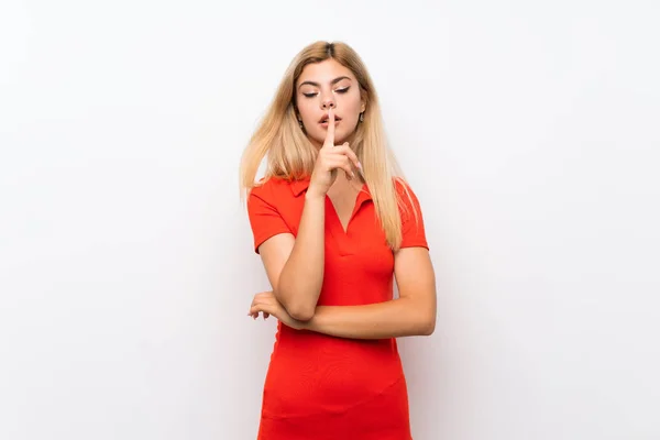 Adolescente Chica Sobre Aislado Blanco Fondo Mostrando Signo Silencio Gesto —  Fotos de Stock