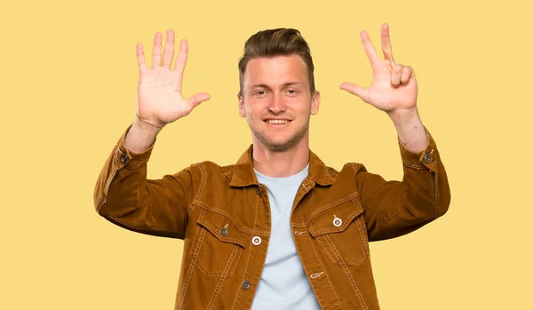 Blonde Handsome Man Counting Eight Fingers — Stock Photo, Image