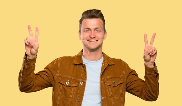 Blonde Handsome Man Showing Victory Sign Both Hands — Stock Photo, Image