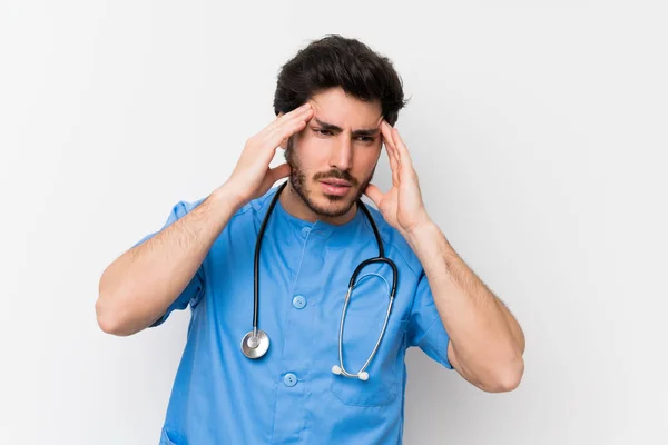 Sebész Orvos Ember Több Mint Elszigetelt Fehér Fal Boldogtalan Frusztrált — Stock Fotó