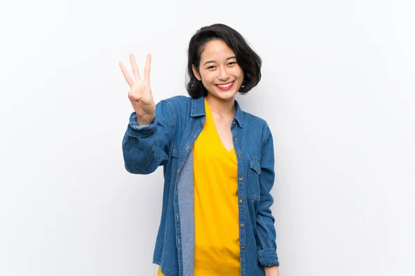 Asiática Joven Mujer Sobre Aislado Blanco Fondo Feliz Contando Tres —  Fotos de Stock