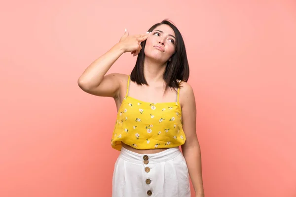 Young Mexican Woman Isolated Wall Problems Making Suicide Gesture — Stock Photo, Image