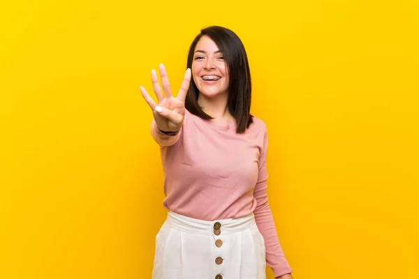Young Mexican Woman Isolated Yellow Background Happy Counting Four Fingers — 스톡 사진