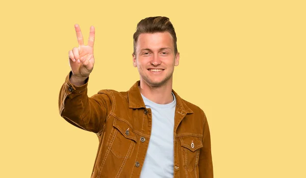 Blonde Handsome Man Smiling Showing Victory Sign — Stock Photo, Image