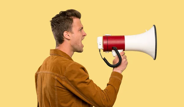 Blonde Handsome Man Shouting Megaphone — Stock Photo, Image