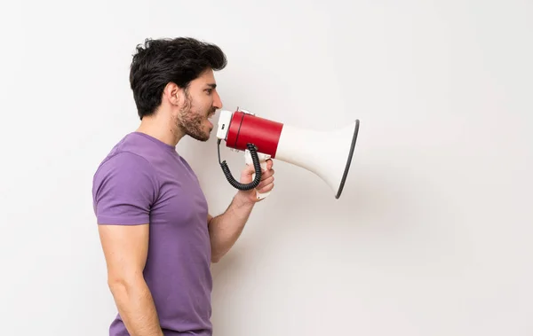 Hombre Guapo Gritando Través Megáfono — Foto de Stock