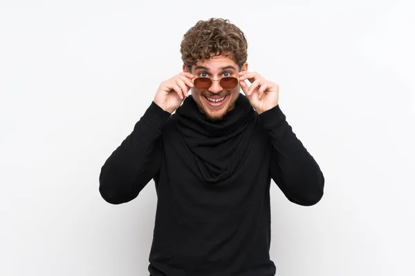 Blonde Man Isolated White Wall Glasses Surprised — Stock Photo, Image