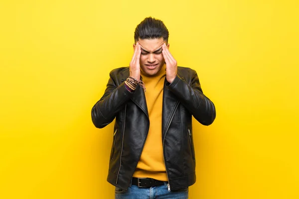 Young Man Isolated Yellow Background Headache — Stok fotoğraf