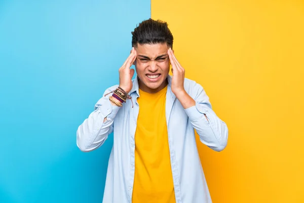 Young Man Isolated Colorful Background Unhappy Frustrated Something Negative Facial — Stok fotoğraf