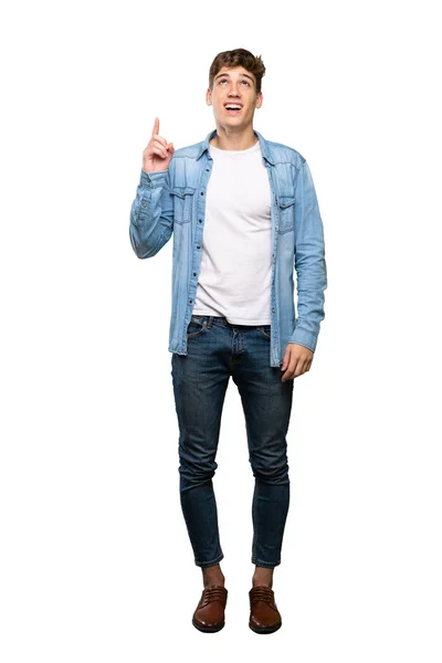 Full Length Shot Handsome Young Man Pointing Surprised Isolated White — Stock Photo, Image