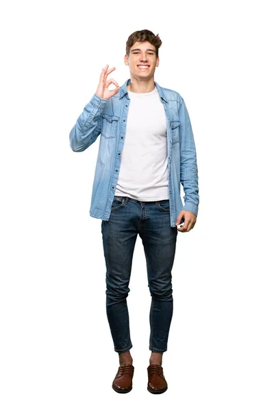 Full Length Shot Handsome Young Man Showing Sign Fingers Isolated — Stock Photo, Image