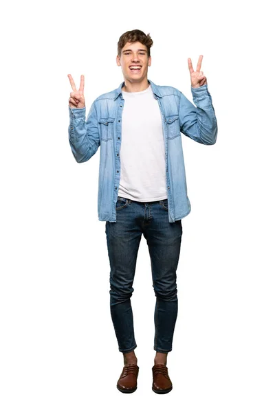 Full Length Shot Handsome Young Man Showing Victory Sign Both — Stock Photo, Image