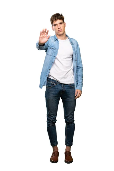 Full Length Shot Handsome Young Man Making Stop Gesture Isolated — Stock Photo, Image