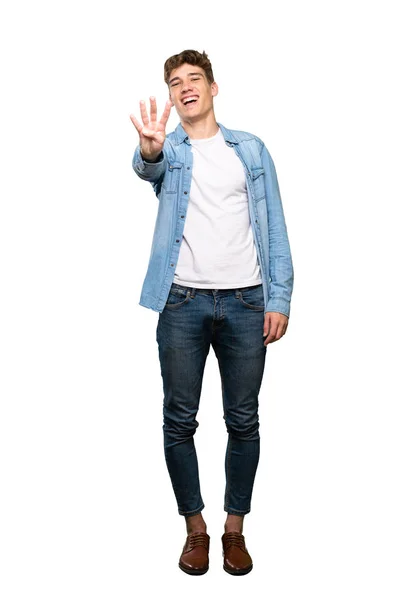 Полнометражный Снимок Красивого Молодого Человека Счастливого Насчитавшего Четыре Пальцами Изолированном — стоковое фото