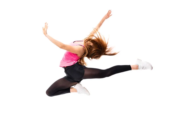Joven Bailarina Sobre Fondo Blanco Aislado Saltando — Foto de Stock