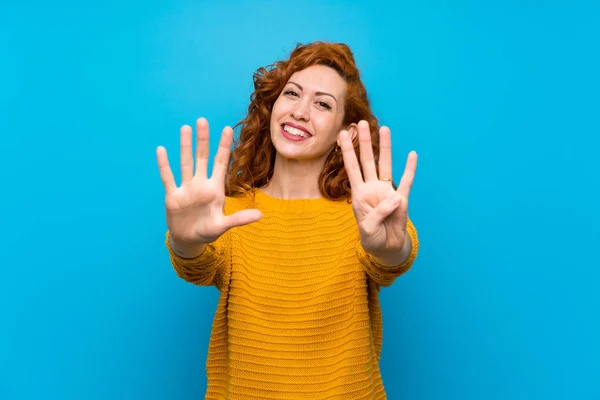Redhead Woman Yellow Sweater Counting Nine Fingers — Stock Photo, Image
