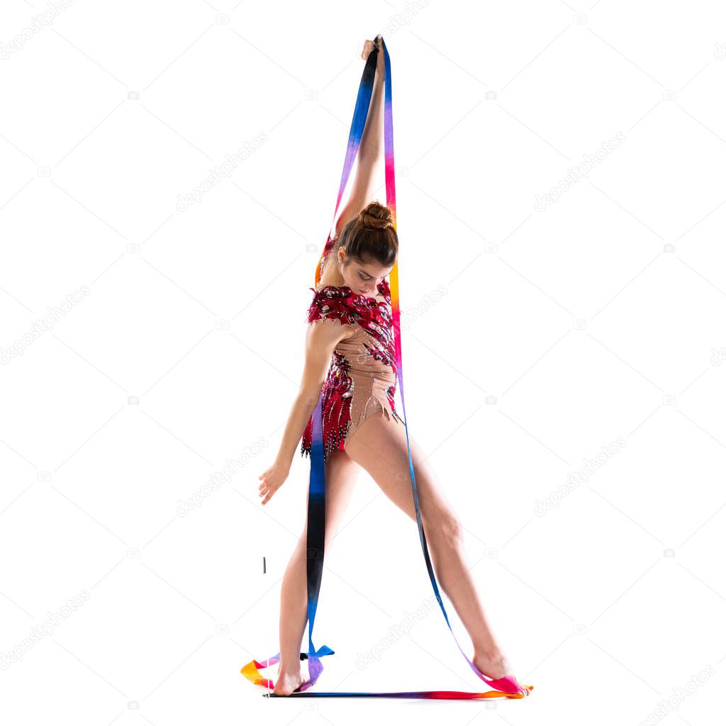 Girl doing rhythmic gymnastics with ribbon