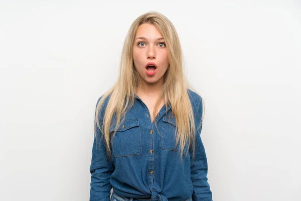 Young Blonde Woman Isolated White Wall Surprise Facial Expression — Stock Photo, Image